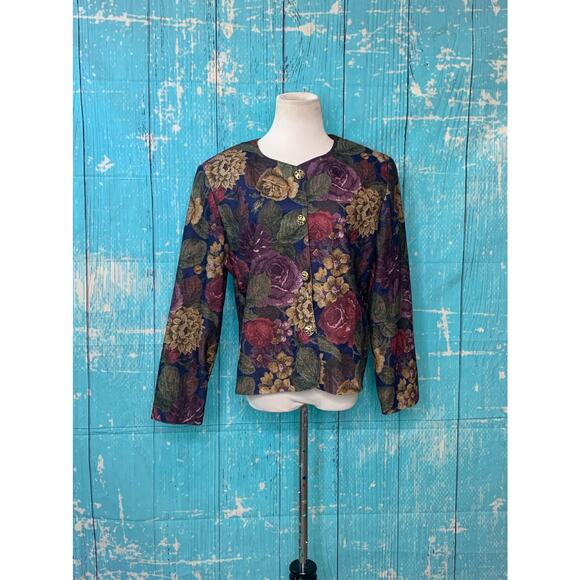 Inseparables vintage padded shoulders floral tapestry buttoned blouse size M - Picture 6 of 9